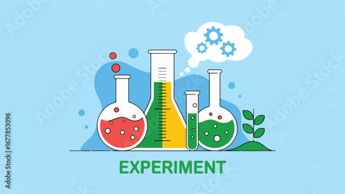 Scientific laboratory equipment with colorful liquids and gears science experiment