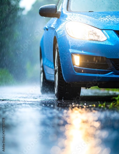 Wallpaper Mural Blue car driving in a rainy street Torontodigital.ca