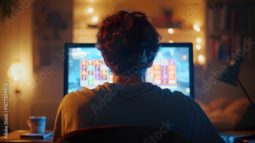 Wallpaper Mural パソコンでスロットゲーム（オンラインカジノ）をする男性の後ろ姿 Torontodigital.ca