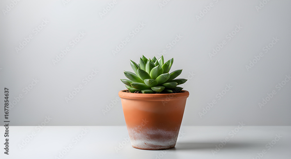 Fototapeta premium A succulent plant in a terracotta pot, centered on a minimalistic white table against a light gray background.