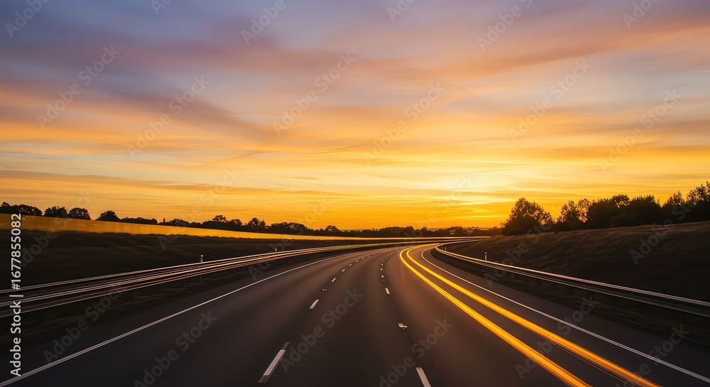 Fototapeta premium Experience the freedom of the open road at sunset, with golden light streaking across the highway as you journey towards a breathtaking horizon.