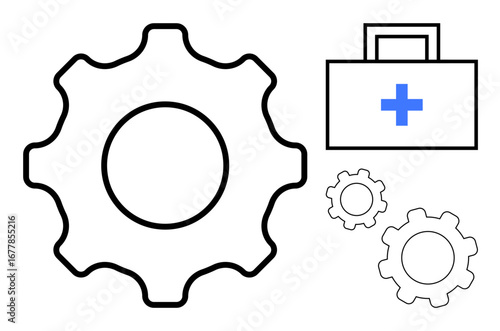 Large gear with smaller gears and a first aid kit with a medical cross. Ideal for healthcare, maintenance, repair, problem-solving, engineering, teamwork, system processes, simple landing page