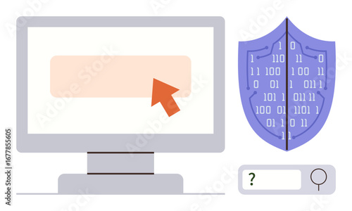 Computer screen with cursor, blue shield filled with binary digits, and a search bar with magnifying glass. Ideal for technology, cybersecurity, online safety, data protection, encryption, search