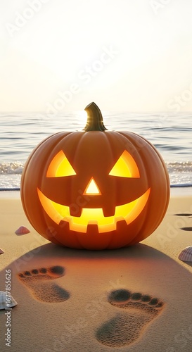A glowing, carved halloween pumpkin sits a sandy beach at sunset, with footprints leading away from it and the ocean in the