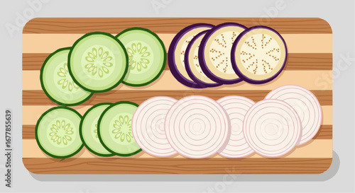 Close-up of sliced cucumbers, eggplants, and onions arranged on a wooden cutting board.