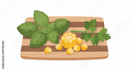 Close-up shot of fresh basil leaves, corn kernels, and parsley sprigs on a wooden cutting board.