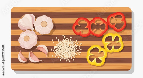 Overhead view of a wooden cutting board with sliced bell peppers, garlic, and sesame seeds.