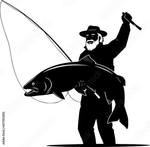 Grandpa caught a big fish and fought it happily.Fly fisherman fishing. Vector

