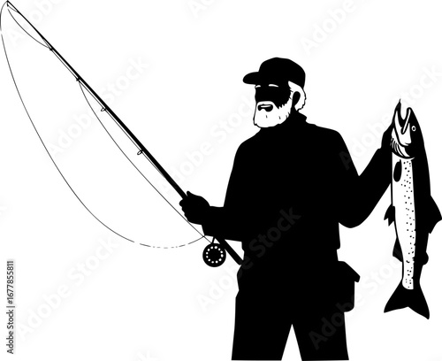 Grandpa caught a big fish and fought it happily.Fly fisherman fishing. Vector
