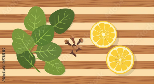 Image of spinach, lemon slices, and cloves on a wooden cutting board.