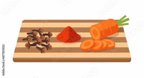 Close-up of sliced carrots, paprika powder, and cloves on a wooden cutting board.