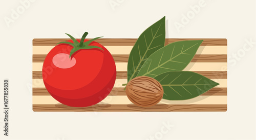 A vibrant illustration of a ripe red tomato, whole nutmeg, and fresh bay leaves resting on a striped wooden cutting board.
