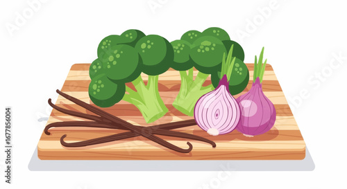 Fresh broccoli florets, red onions, and vanilla beans arranged on a wooden cutting board, ready for culinary preparation.