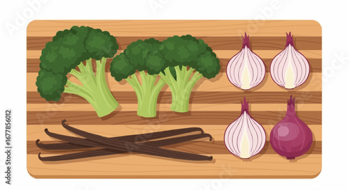 Fresh broccoli florets, red onions, and vanilla beans arranged on a striped wooden cutting board.