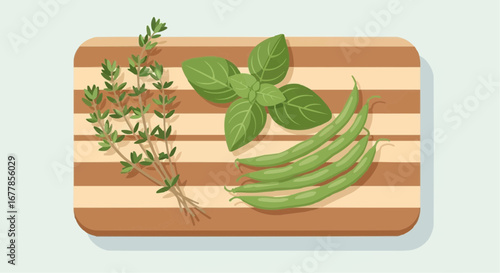 Fresh culinary herbs and green beans arranged on a striped wooden cutting board.