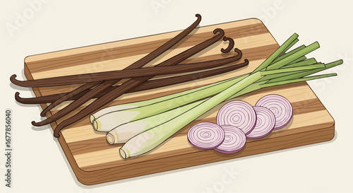 Vanilla beans, fresh lemongrass stalks, and sliced red onions on a wooden cutting board, ready for cooking.