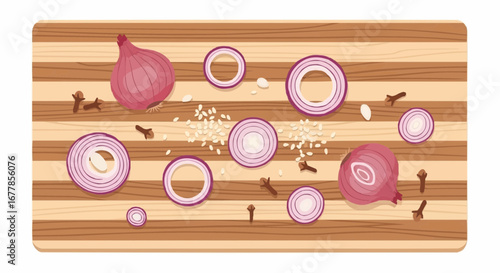 Top-down view of whole and sliced red onions, cloves, and salt on a striped wooden cutting board.