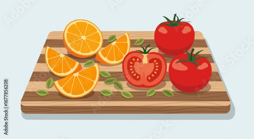 A wooden cutting board with sliced oranges and whole and halved tomatoes, garnished with fresh green leaves.