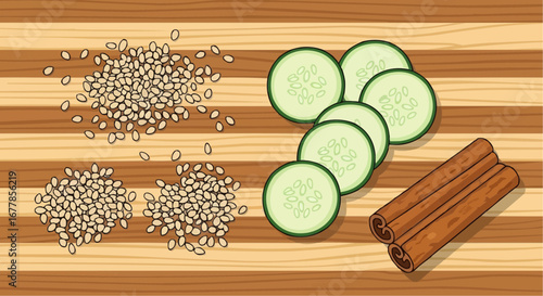 Sesame seeds, cucumber slices, and cinnamon sticks on a wooden board.