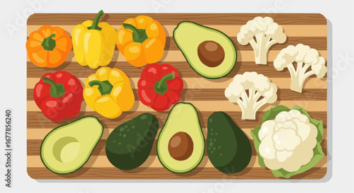 A colorful assortment of fresh vegetables, including bell peppers, avocados, and cauliflower, artfully arranged on a wooden cutting board.