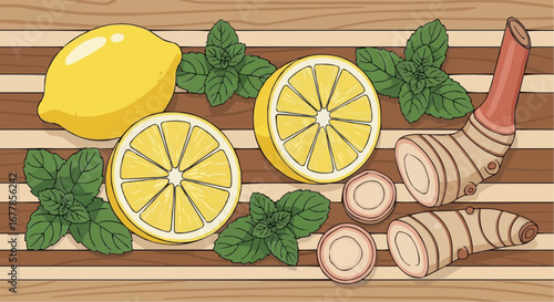 Fresh ingredients for a refreshing drink or culinary dish, featuring whole and sliced lemons, vibrant mint leaves, and aromatic galangal roots on a striped wooden background.