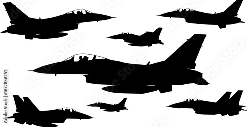 Vector illustration of black jet fighters on the white background.
