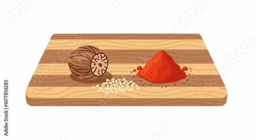 Nutmeg and red chili powder on a wooden cutting board.