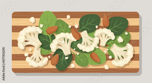 A vibrant overhead view of a fresh cauliflower and spinach salad with almonds and feta cheese, artfully arranged on a wooden cutting board.