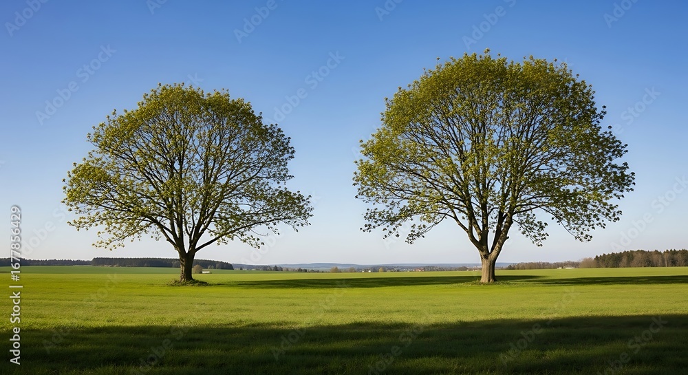 Fototapeta premium Two Majestic Trees Standing Tall in a Lush Green Field Under a Clear Blue Sky.