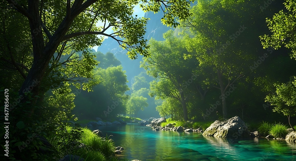 Obraz premium Serene River Flowing Through a Lush Green Forest.