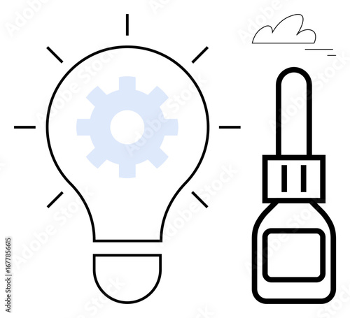 Lightbulb with gear and compact glue bottle on clean backdrop. Ideal for creativity, technology, innovation, solutions, repair, problem-solving, and simple landing page