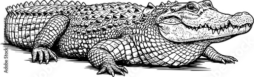 A detailed line drawing of an alligator, showcasing its textured skin and sharp teeth.crocodile isolated on white
