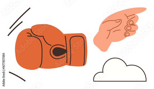Boxing glove in action, pointing hand indicating direction, and cloud outline. Ideal for conflict, decision-making, competition, teamwork, problem-solving leadership sports concepts. Simple flat