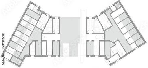 Modern architectural floor plan of student dormitory layout, featuring symmetrical rooms, efficient design, shared living spaces, and private bedrooms