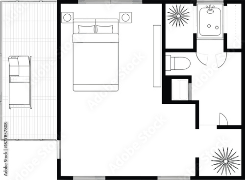 Modern bedroom with bathroom, balcony, interior architecture layout, vector floor plan, minimal design, black white top view, technical drawing