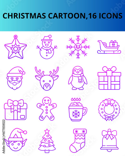 Christmas cartoon icons including Santa, gifts, and snowman  