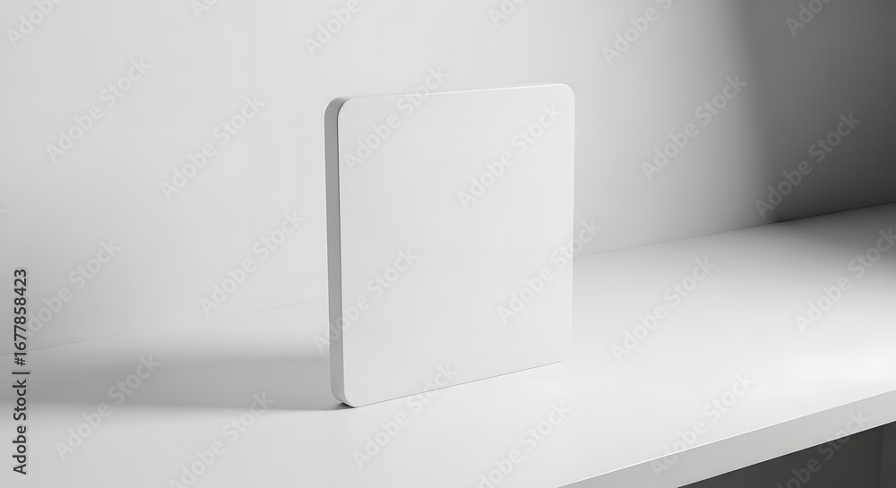 Fototapeta premium Minimalistic white rectangular object placed on a smooth surface in a modern environment with soft lighting and neutral background