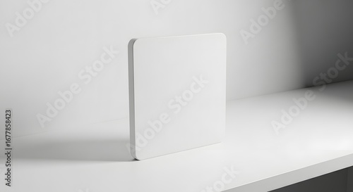 Minimalistic white rectangular object placed on a smooth surface in a modern environment with soft lighting and neutral background