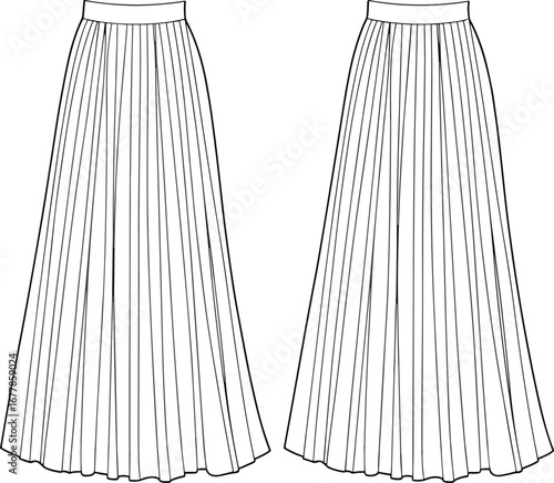 Pleated long skirt flat sketch, fashion technical drawing, vector maxi skirt design, women's skirt cad illustration, garment apparel template