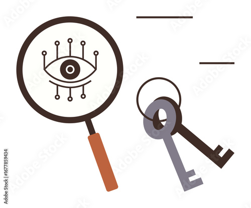 Magnifying glass with a stylized cyber eye and circuit lines paired with two keys. Ideal for cybersecurity, data protection, investigation, digital access, encryption, research, and technology. A