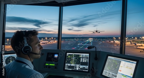 Air Traffic Controller Monitoring Radar Screens in Airport Control Tower at Dusk