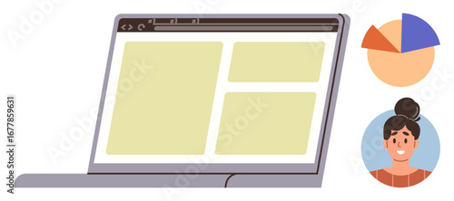 Laptop displaying webpage layout with grid design, pie chart segments, and female avatar. Ideal for web design, UIUX, teamwork, analytics, remote work education collaboration. Simple flat metaphor
