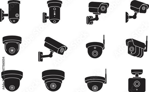 Set of CCTV security camera icons, wall mounted, wireless and dome types, black silhouette vector, flat style, surveillance symbols