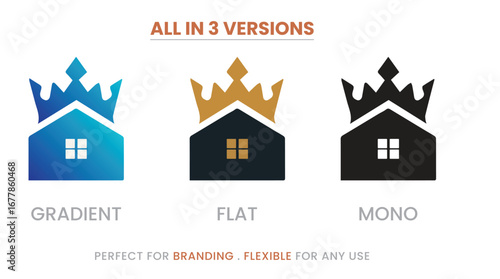 Luxury real estate logo set with crown and house icons in gradient, flat, and monochrome versions for premium property branding.