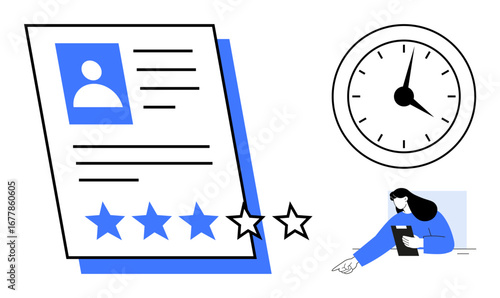 Performance review sheet with stars, clock indicating time, individual holding a clipboard assessing. Ideal for HR, evaluation, productivity, reviews, time management, feedback simple landing page