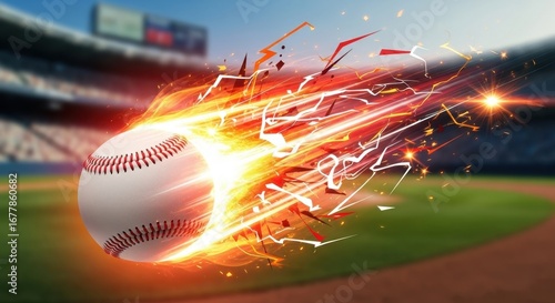 Dynamic action illustration of a baseball hurtling through the air with flaming visual effects