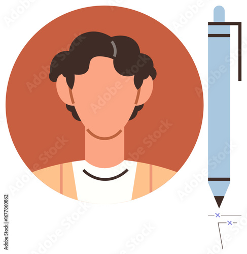 Minimalist portrait of an individual facing forward with abstract details, alongside a pen sketching a mark. Ideal for creativity, individuality, education, design, professionalism, personal