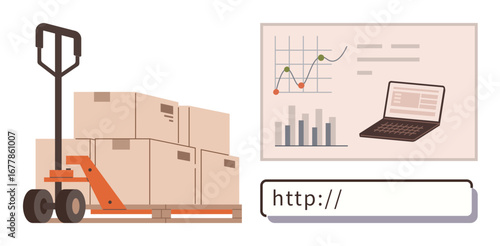 Pallet jack with boxes, laptop displaying charts and graphs, and search bar. Ideal for logistics, e-commerce, analytics, process management, warehousing technology online retail. Simple flat