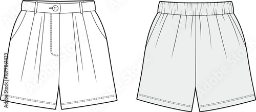 Shorts cad drawing, flat fashion illustration, technical vector sketch, front back view shorts, menswear template, design outline, garment flat