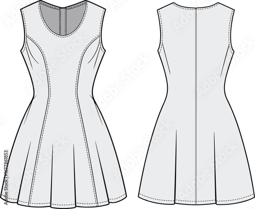 Sleeveless fit and flare dress CAD flat sketch, front and back vector fashion illustration for garment design template
